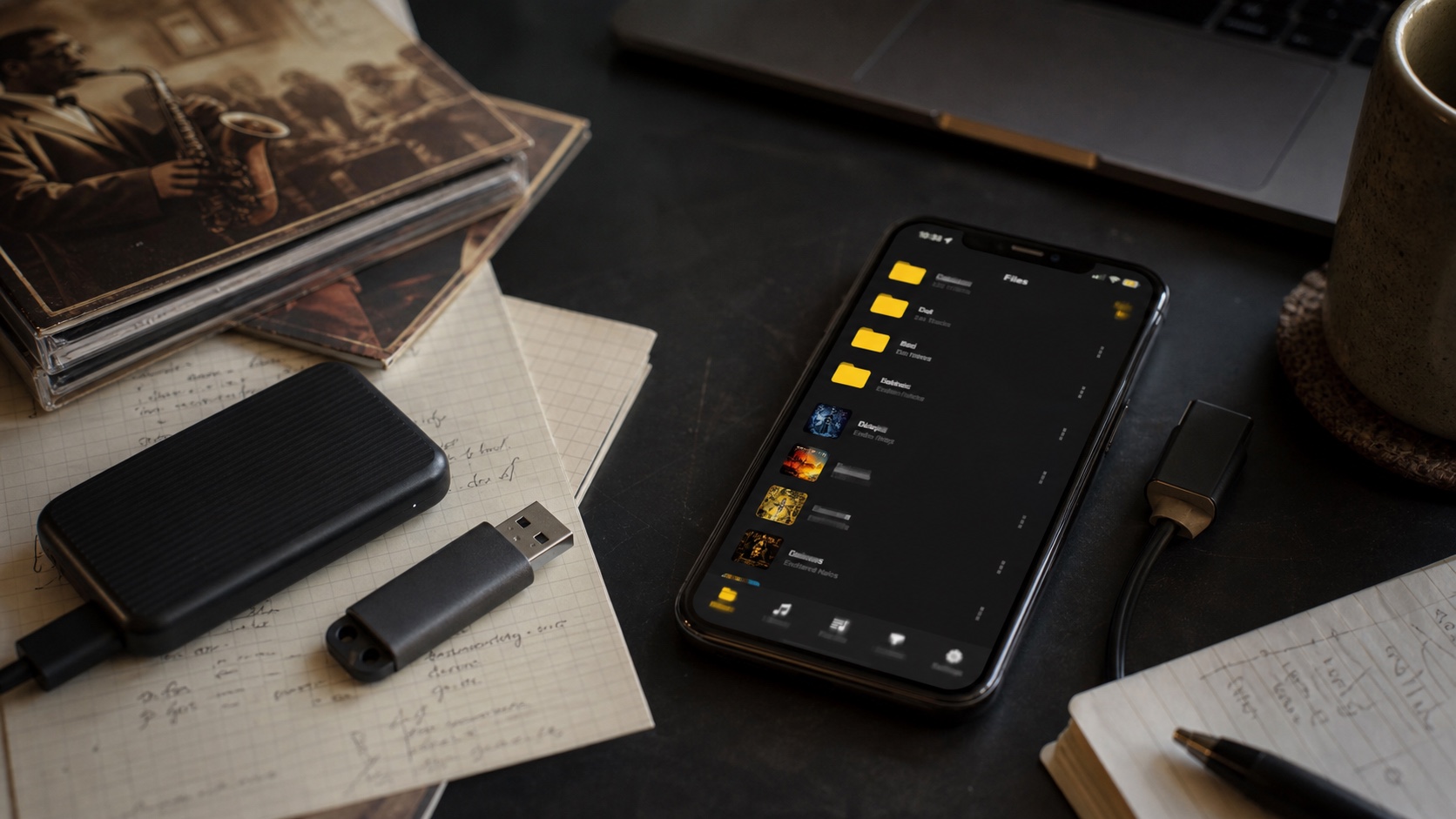 Natural desk photo of iPhone local music files with storage drive and album booklets