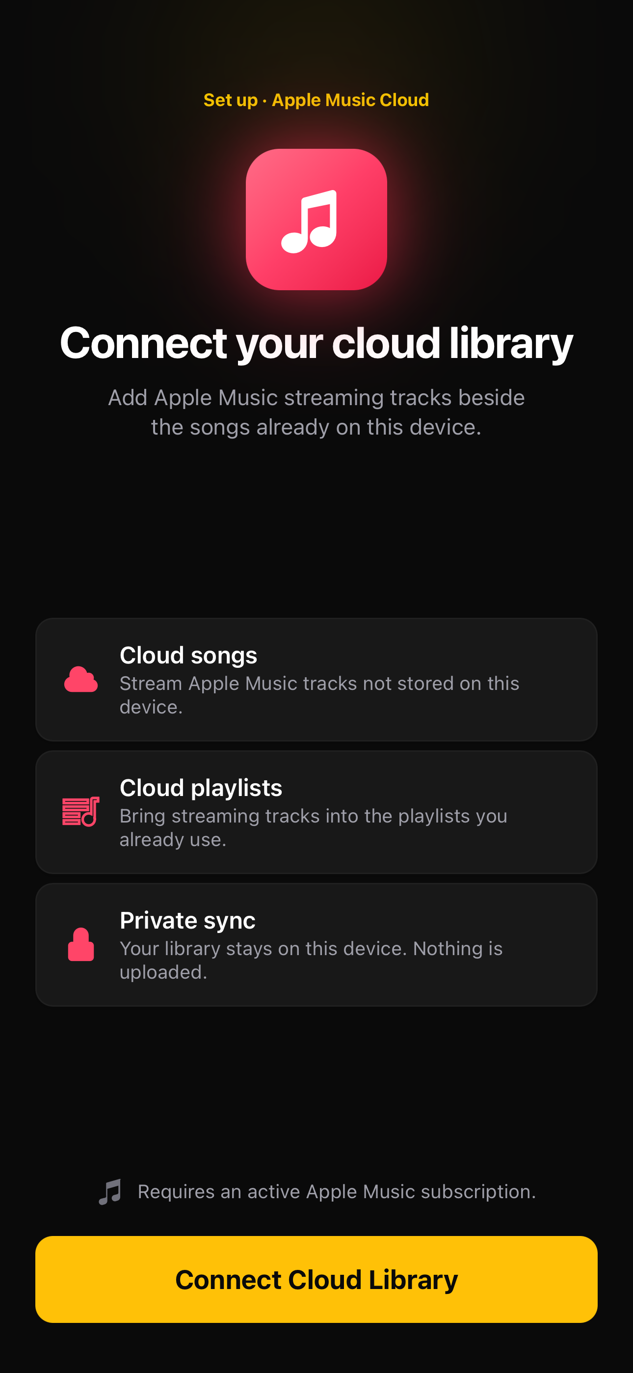 OfflineTunes Apple Music Cloud setup screen for cloud songs, cloud playlists, and private synchronization