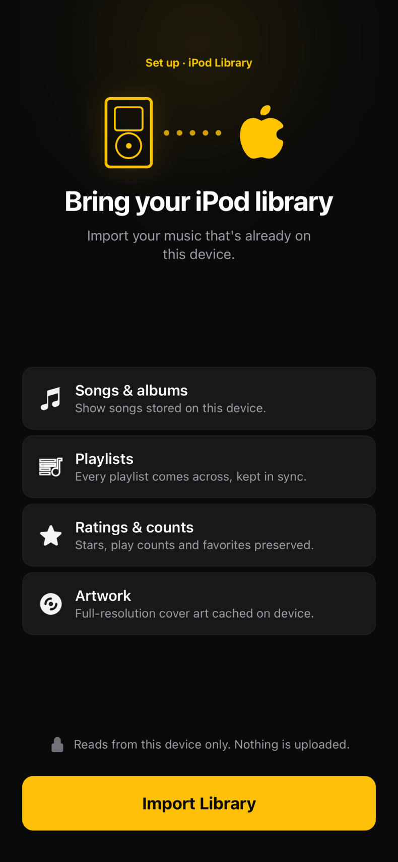 OfflineTunes iPod Library setup screen listing songs, playlists, ratings, play counts, favorites, and artwork
