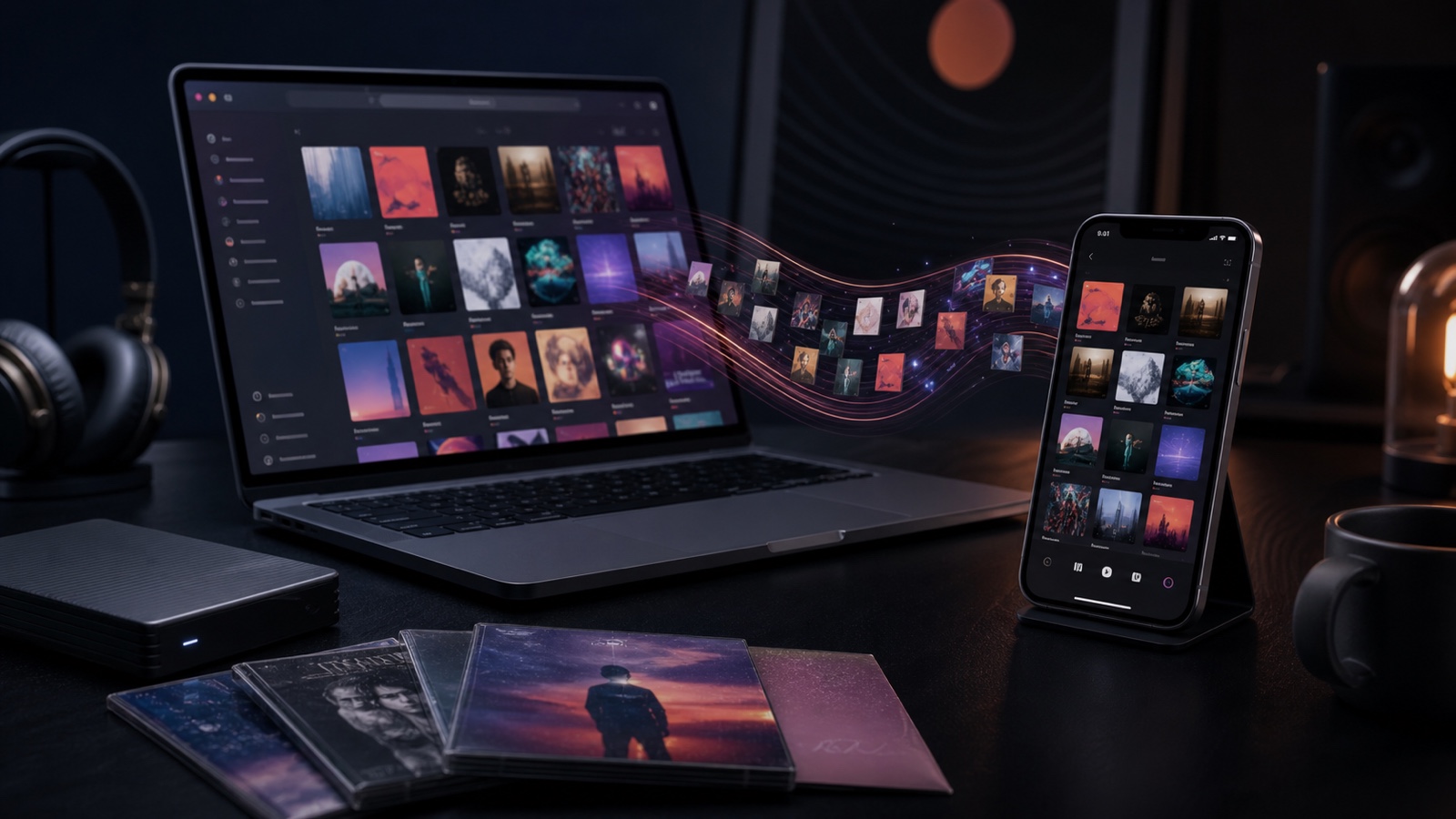 OfflineTunes Apple Music hero showing an iPhone library beside iPod sync, subscription, and owned-files tags