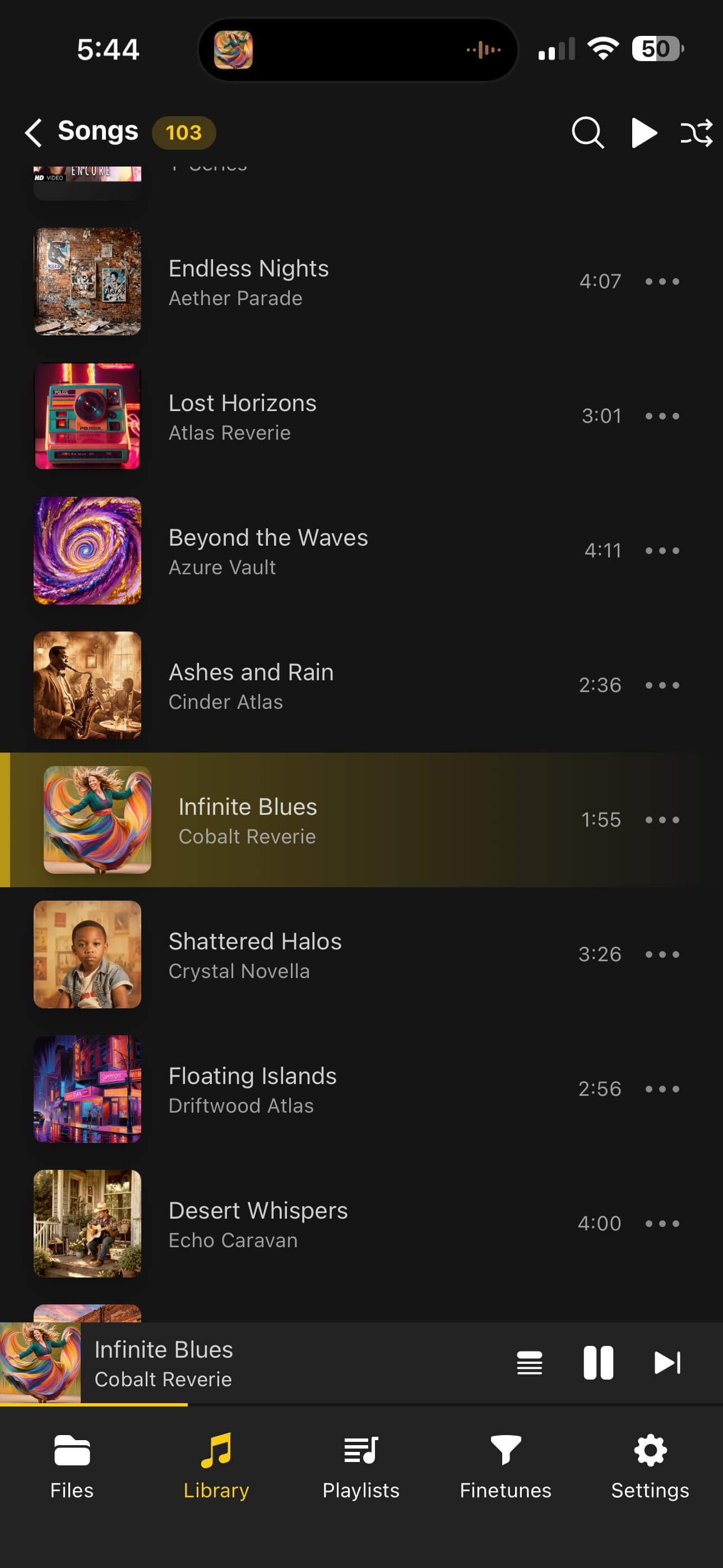 OfflineTunes Songs list on iPhone showing tracks with album art, durations, and the Files, Library, Playlists, Finetunes, and Settings tabs