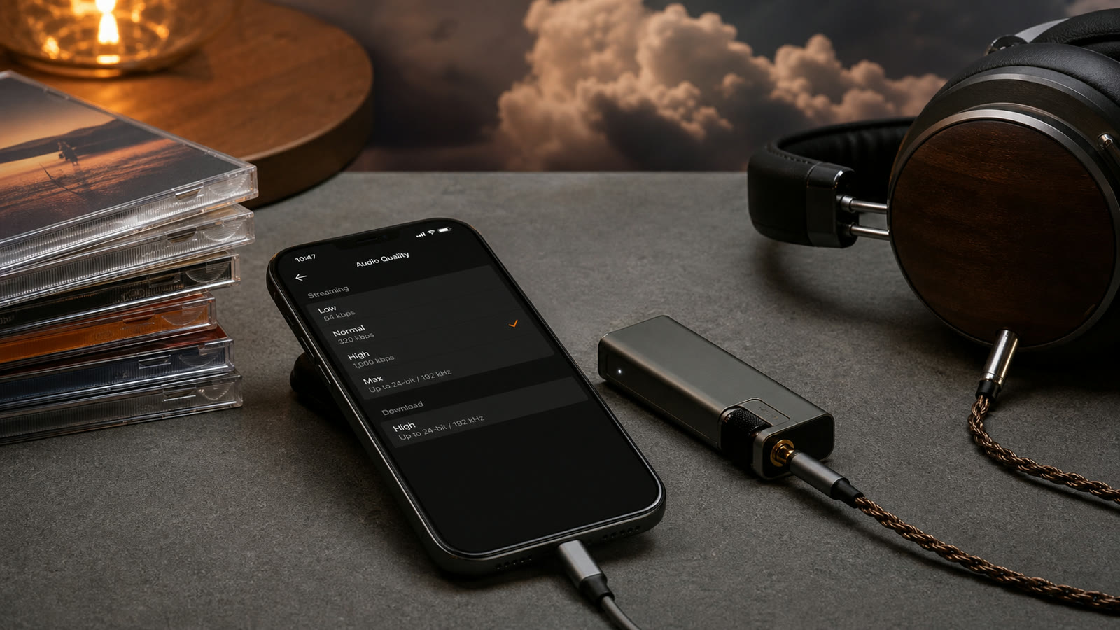Phone connected to a portable DAC with local music storage and wired headphones