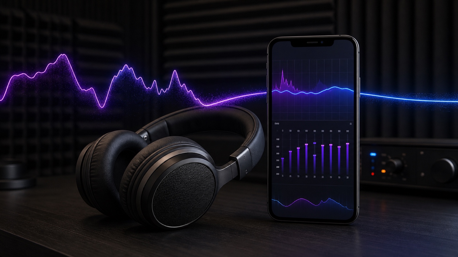 OfflineTunes AutoEQ hero showing an iPhone equalizer screen beside a headphone correction curve