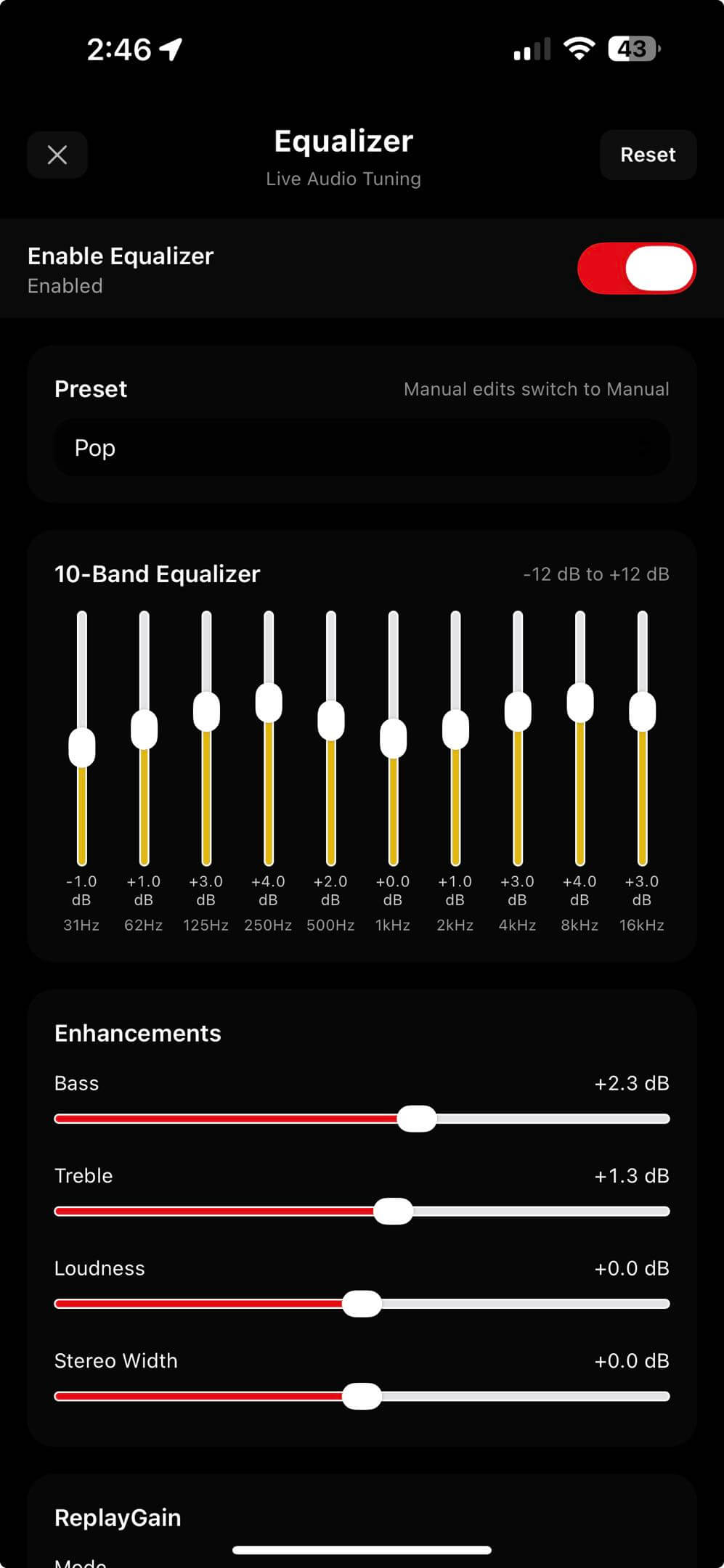 OfflineTunes Equalizer and ReplayGain controls on iPhone