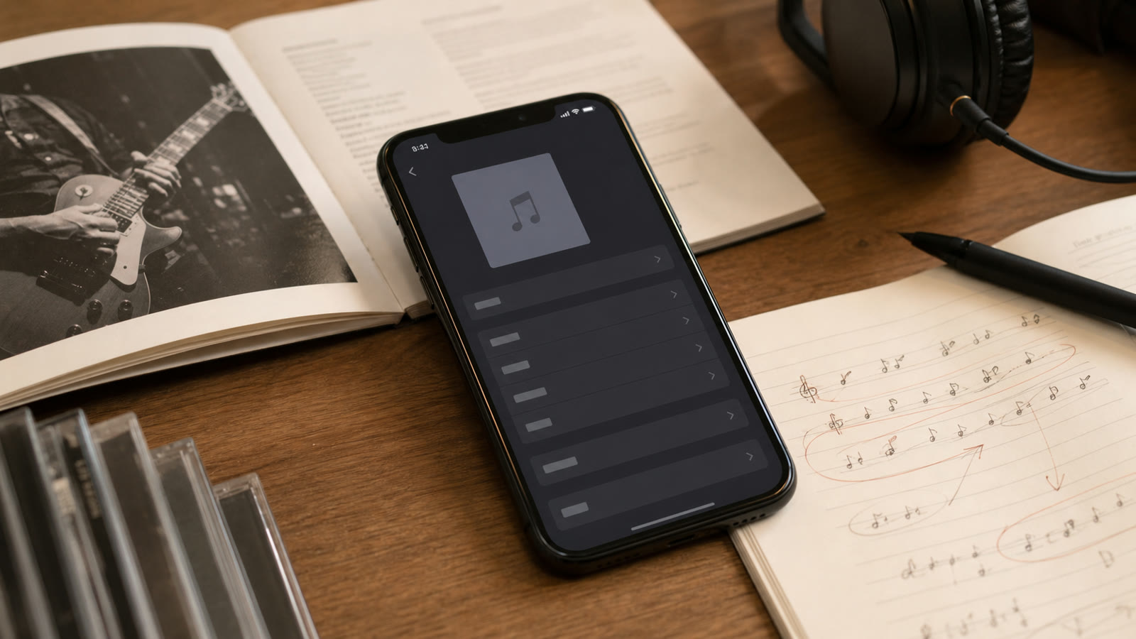 Phone metadata editor workspace with album booklet, correction notes, headphones, and artwork cards