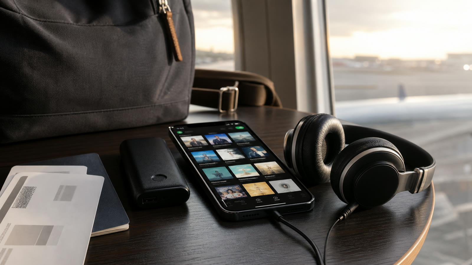 Phone and wired headphones ready for offline playback beside travel essentials at an airport window