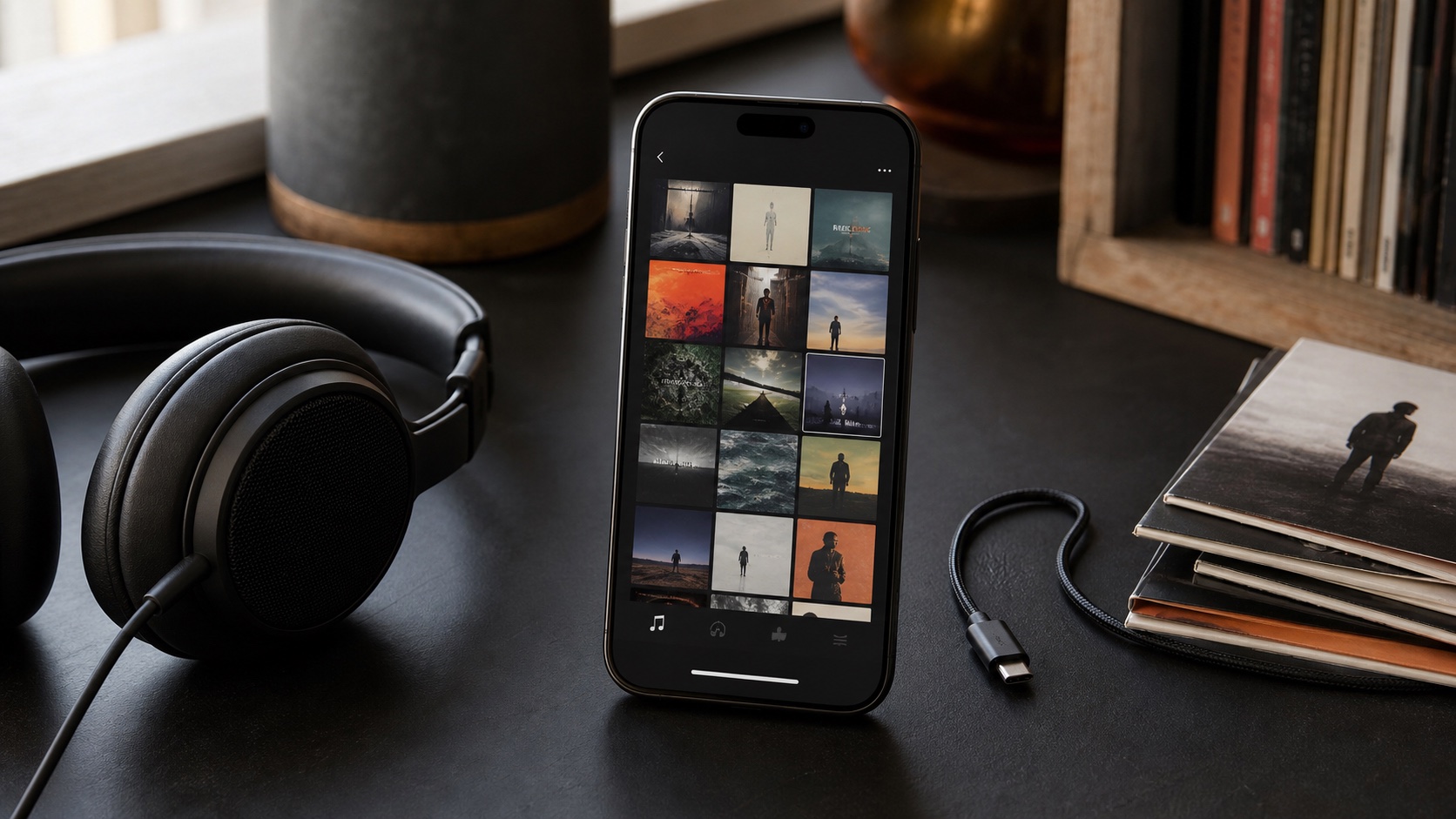 Natural desk photo of an iPhone offline music player library with headphones and albums