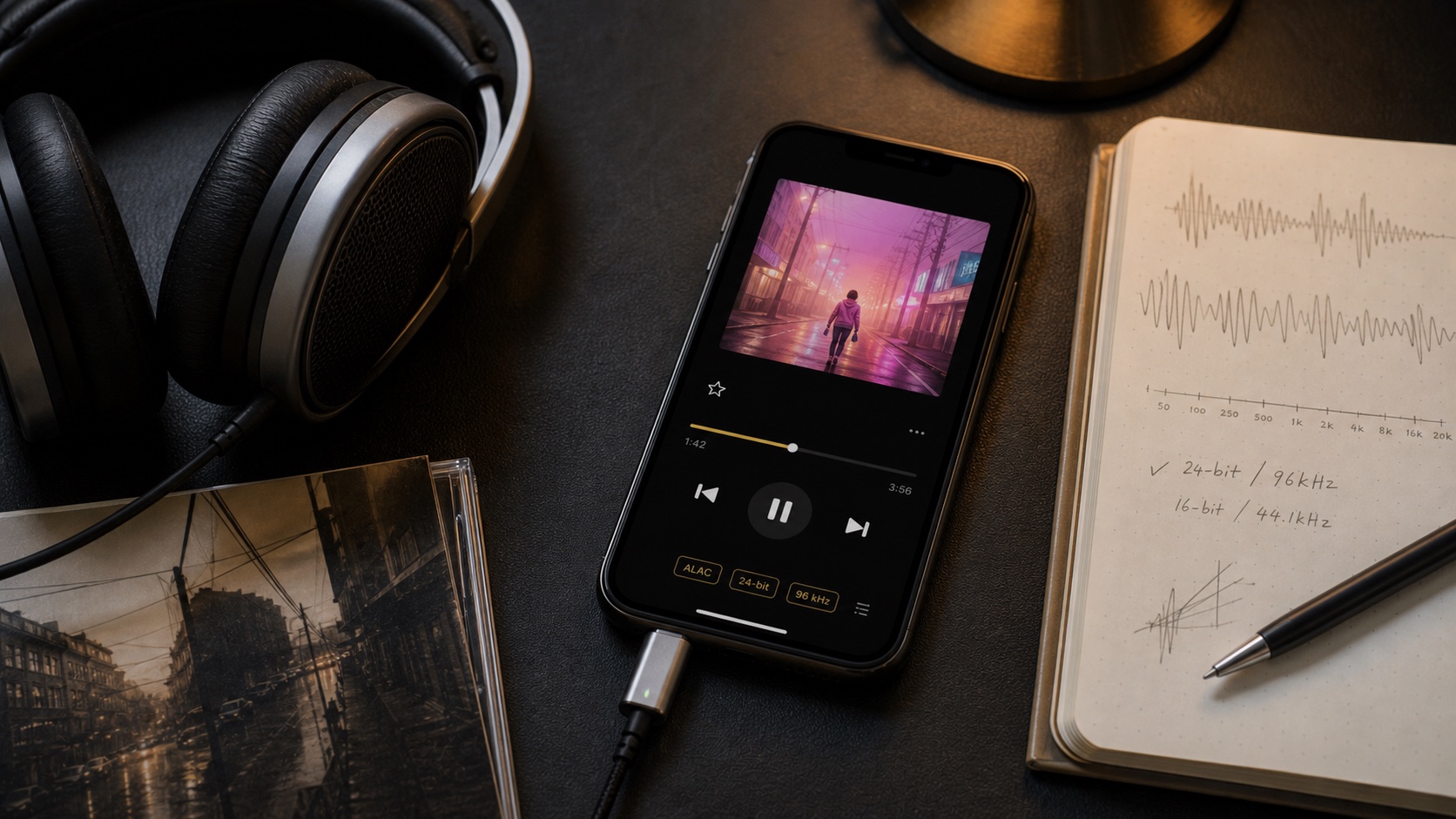 Natural desk photo of iPhone lossless playback with headphones, DAC, and audio notes