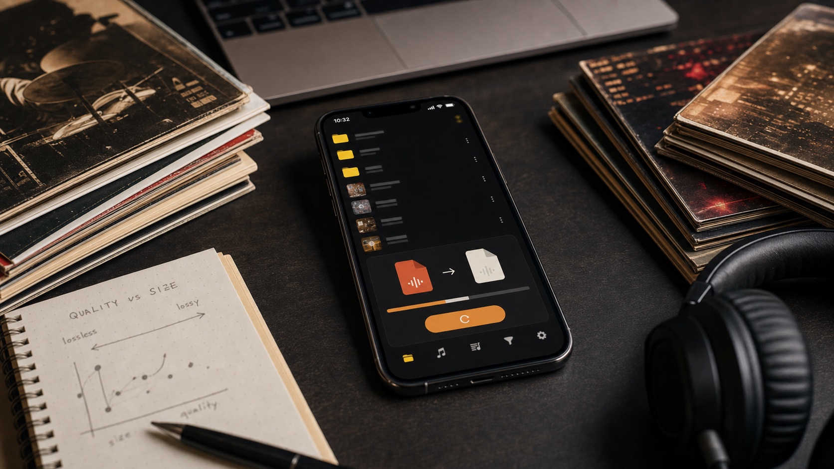 Natural desk photo of an iPhone music format conversion screen with albums, headphones, and notes