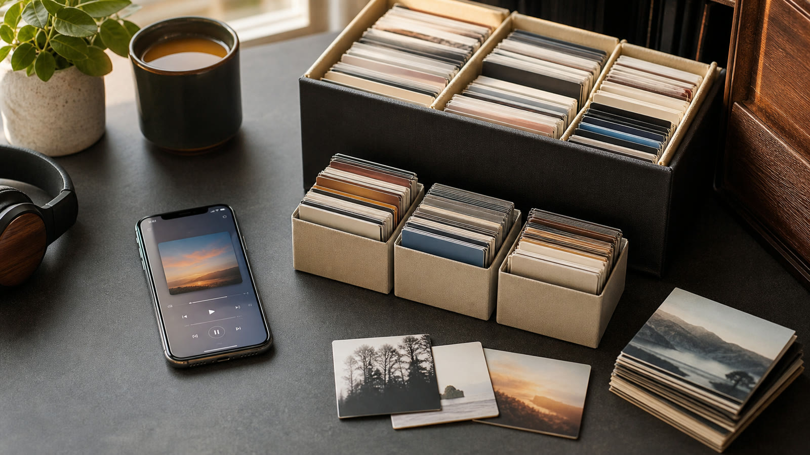 Phone beside neatly divided music folders and album booklets arranged in a clear hierarchy