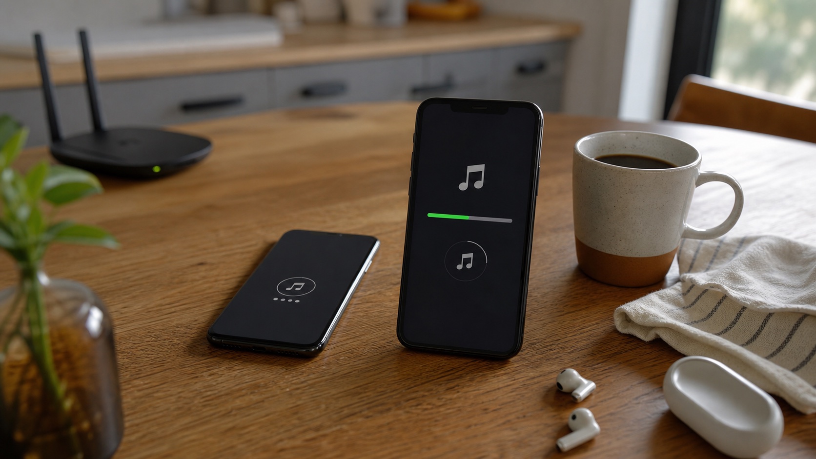 Natural photo of no-computer music transfer setup with iPhone, second phone, and earbuds