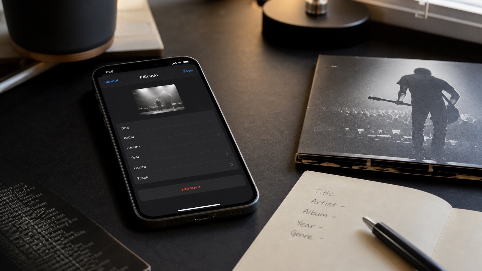 Natural desk photo of editing music tags on iPhone with album booklet and notes
