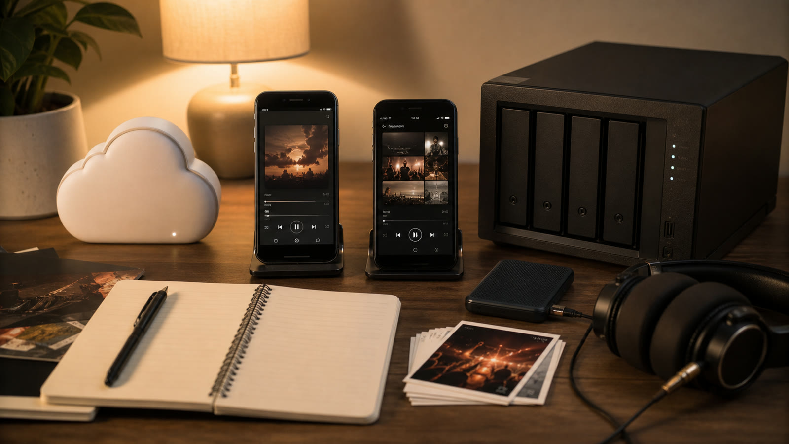 Two phones comparing a cloud and NAS music setup with a device-first local library