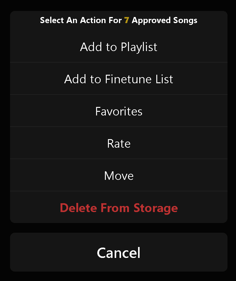 OfflineTunes FineTune action menu with add to playlist, add to FineTune, favorites, rate, move, and delete from storage