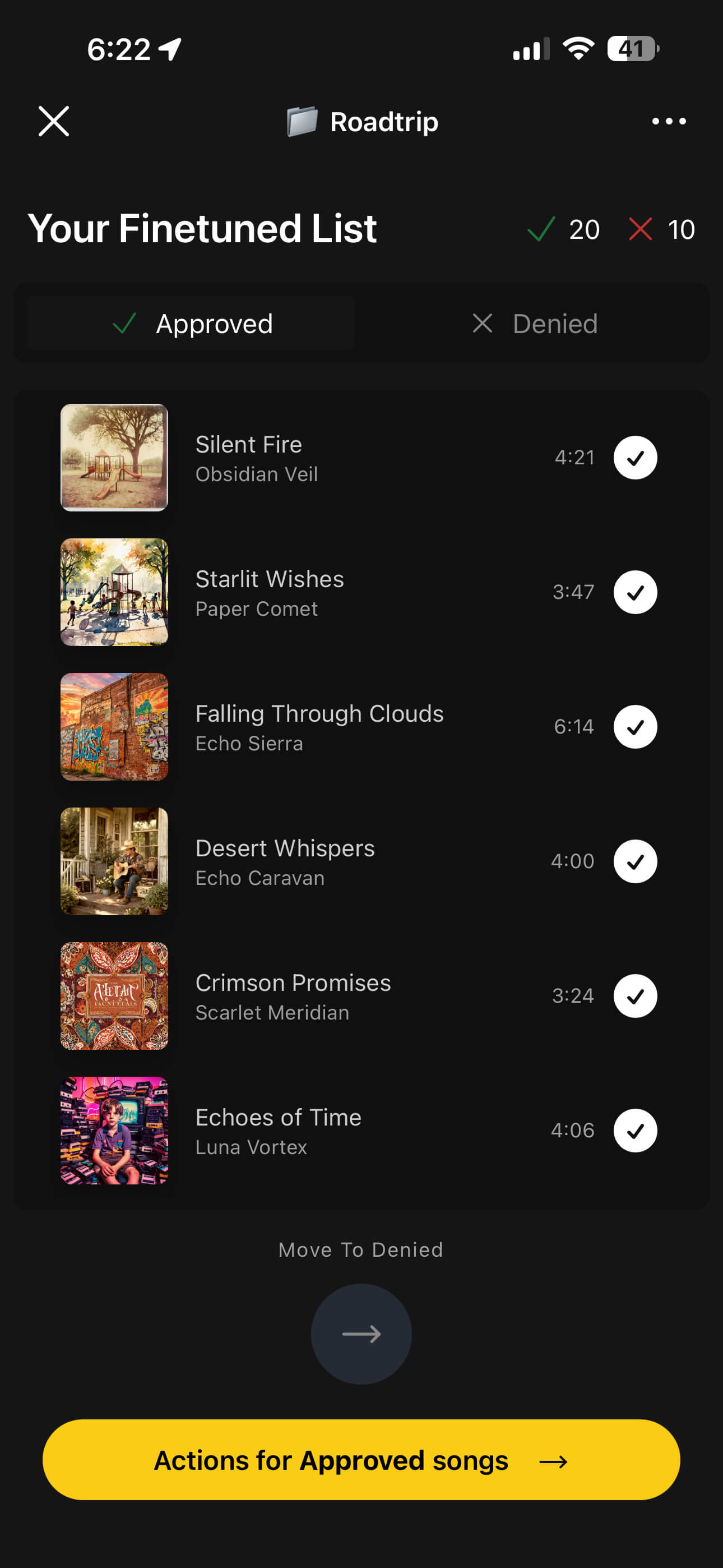 OfflineTunes completed FineTune screen with approved and denied tabs
