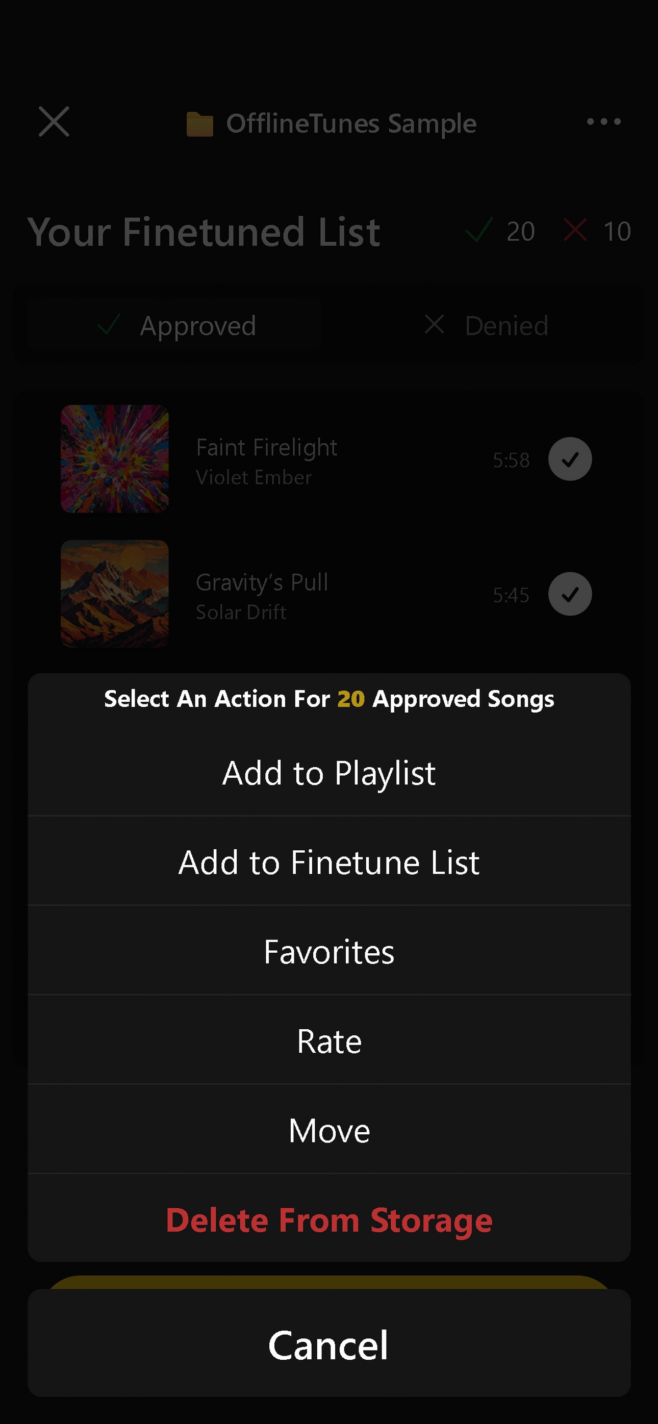 OfflineTunes completed FineTune action menu shown over a FineTune result list