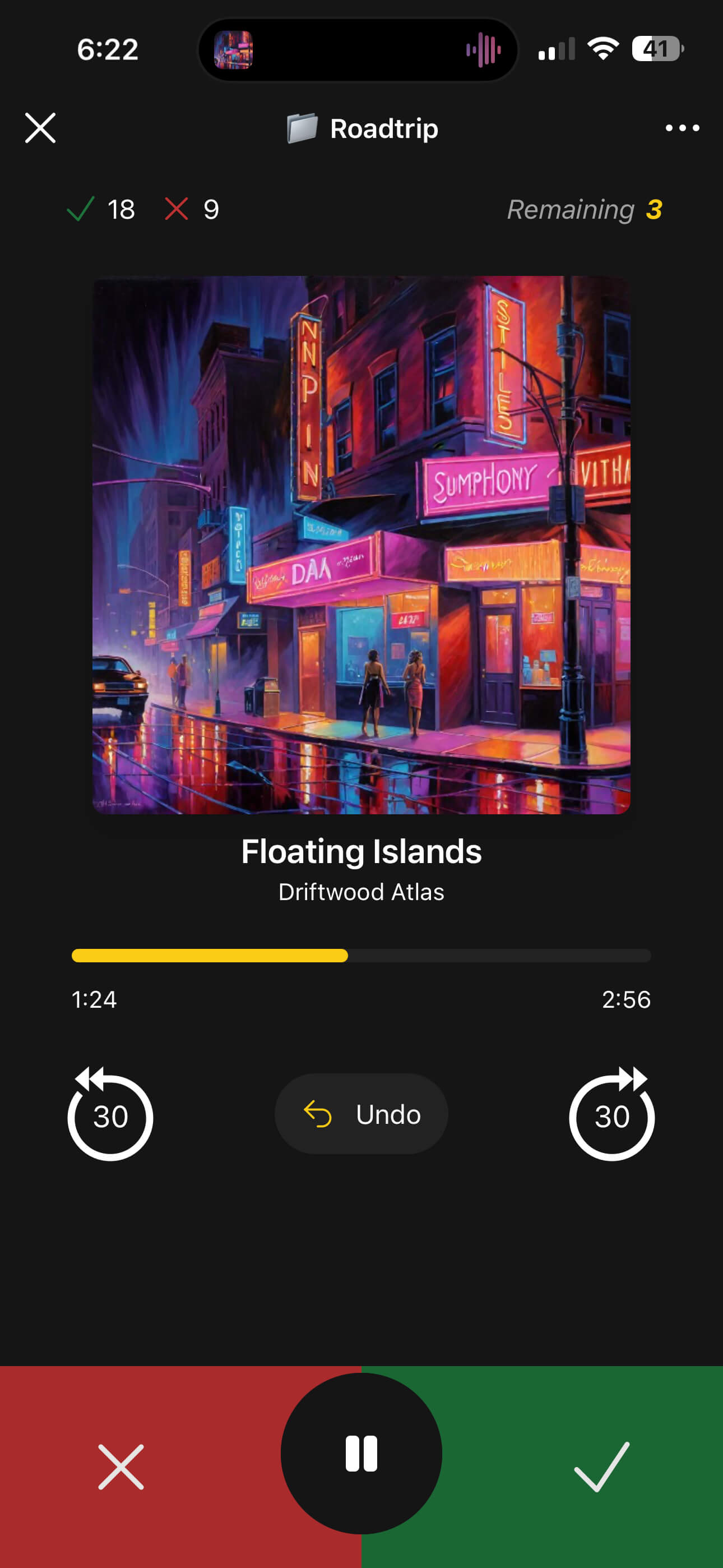 OfflineTunes active FineTune playback screen with approve and deny controls