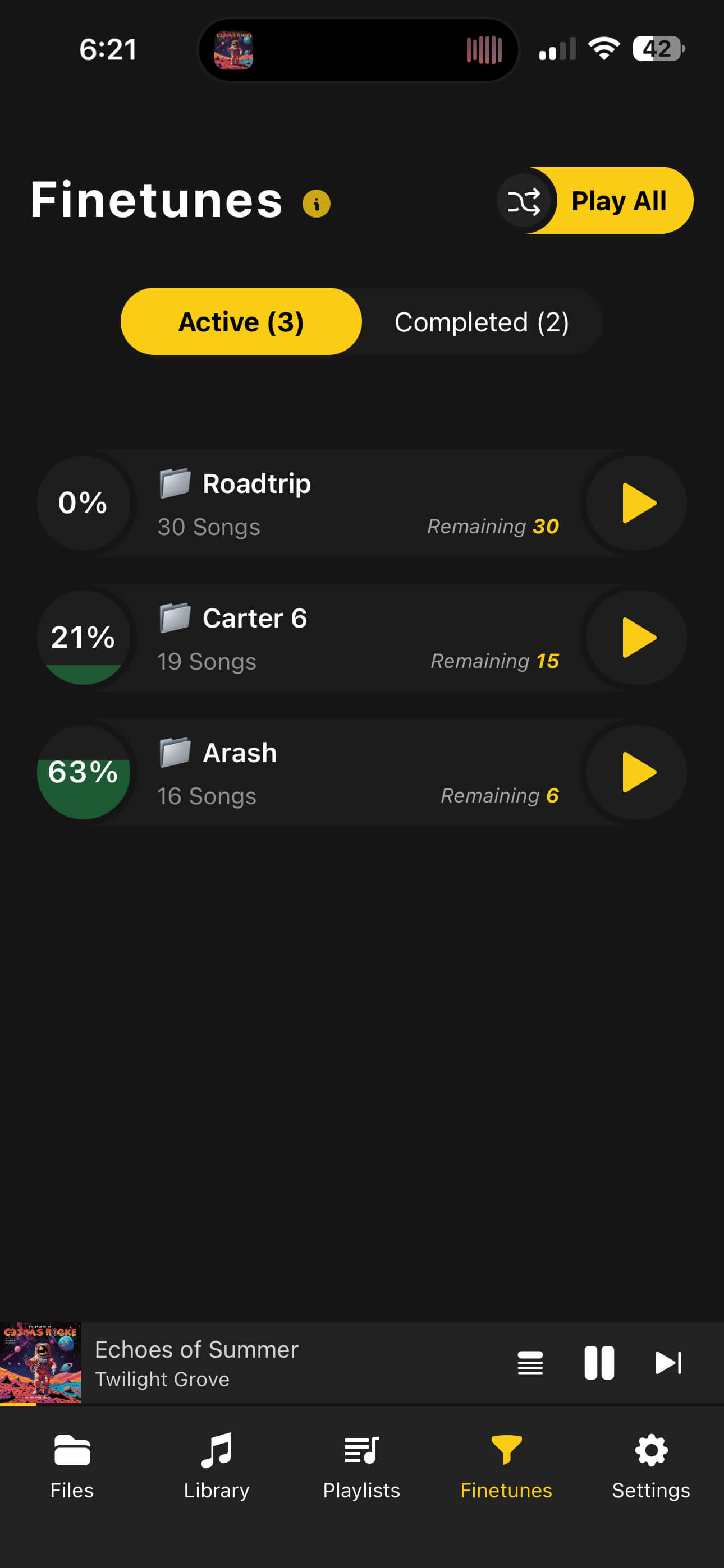 OfflineTunes FineTune list screen showing active lists, completion percentages, and remaining songs