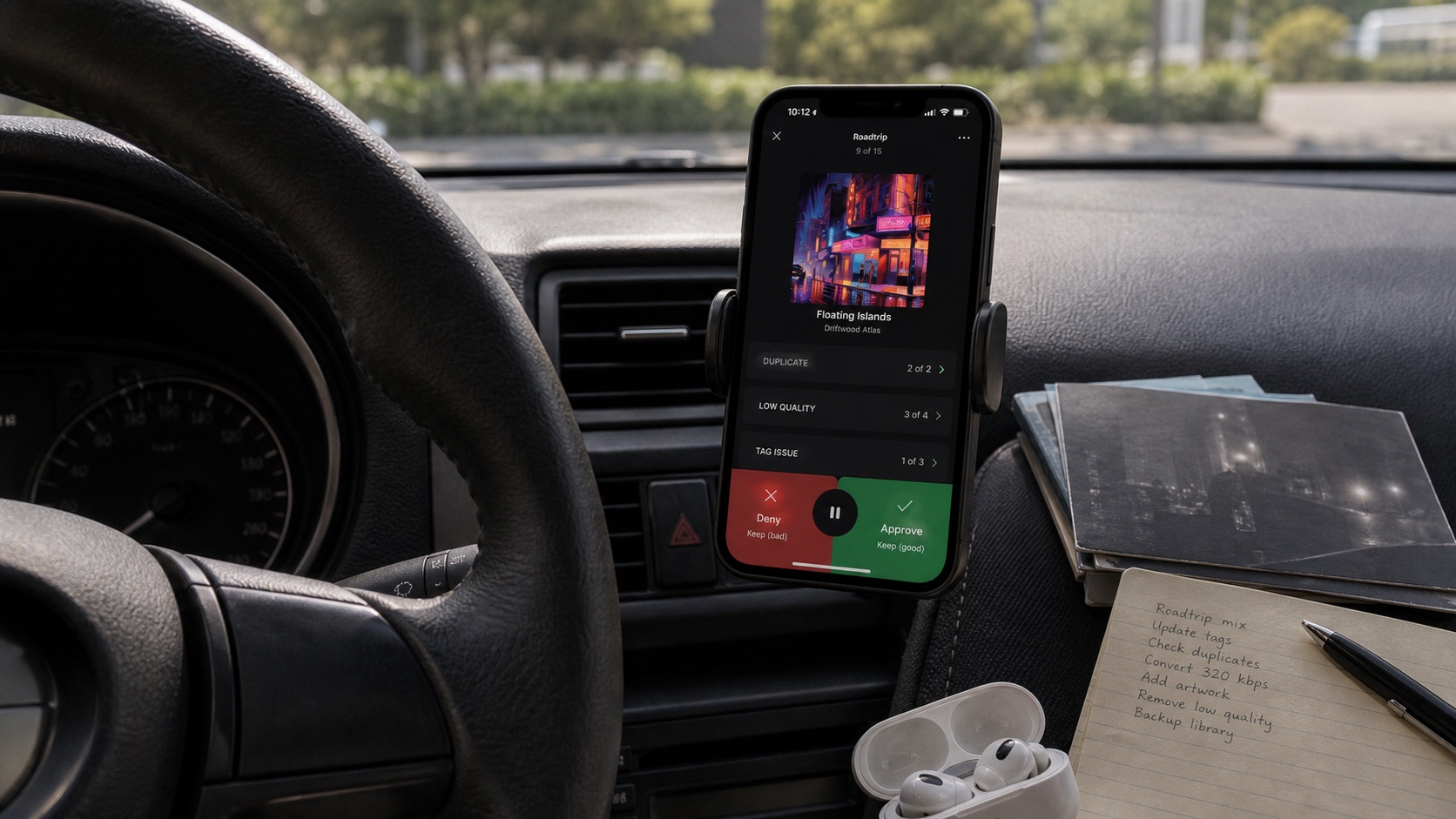 Natural parked-car photo showing iPhone music cleanup with approve and deny controls
