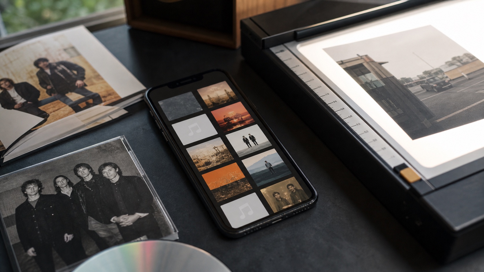 Natural desk photo of fixing missing album art on iPhone music files with printed covers