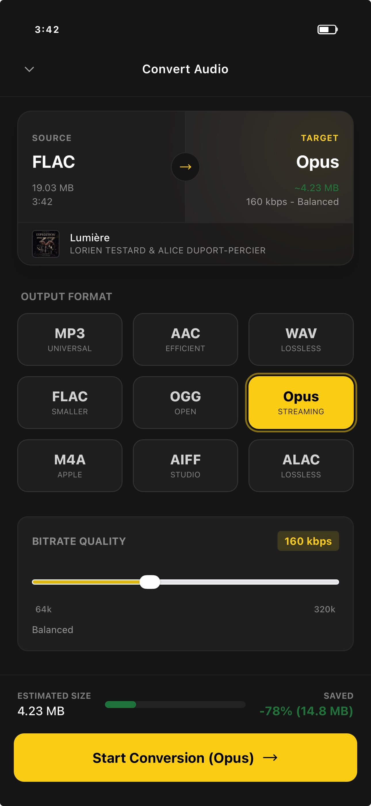 OfflineTunes file conversion screen on iPhone