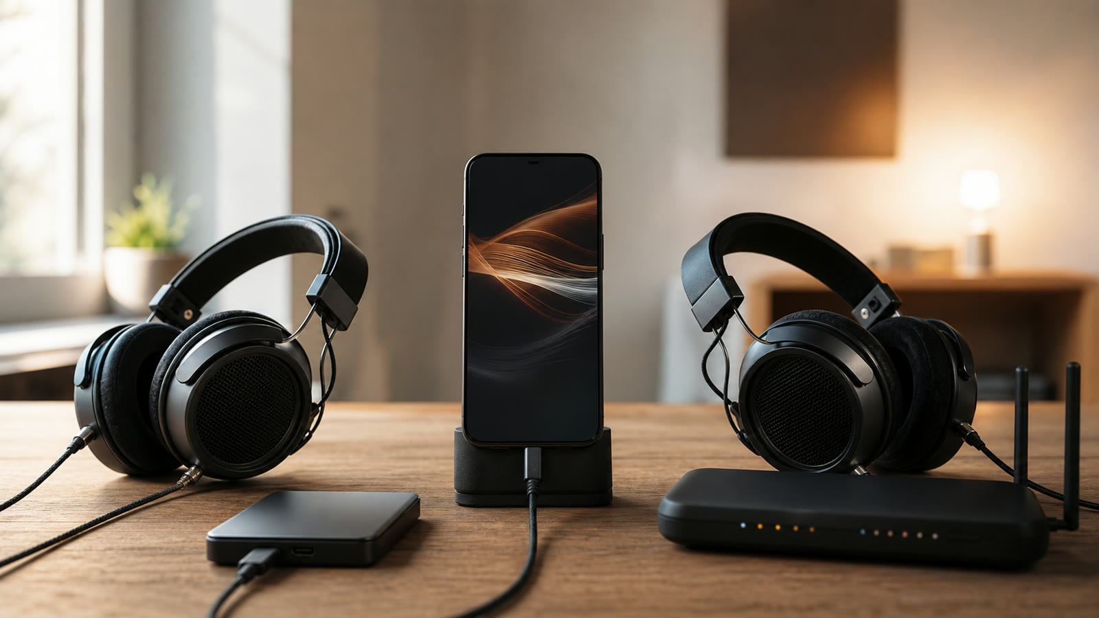Phone between a local drive and network connection with two matched wired headphone setups