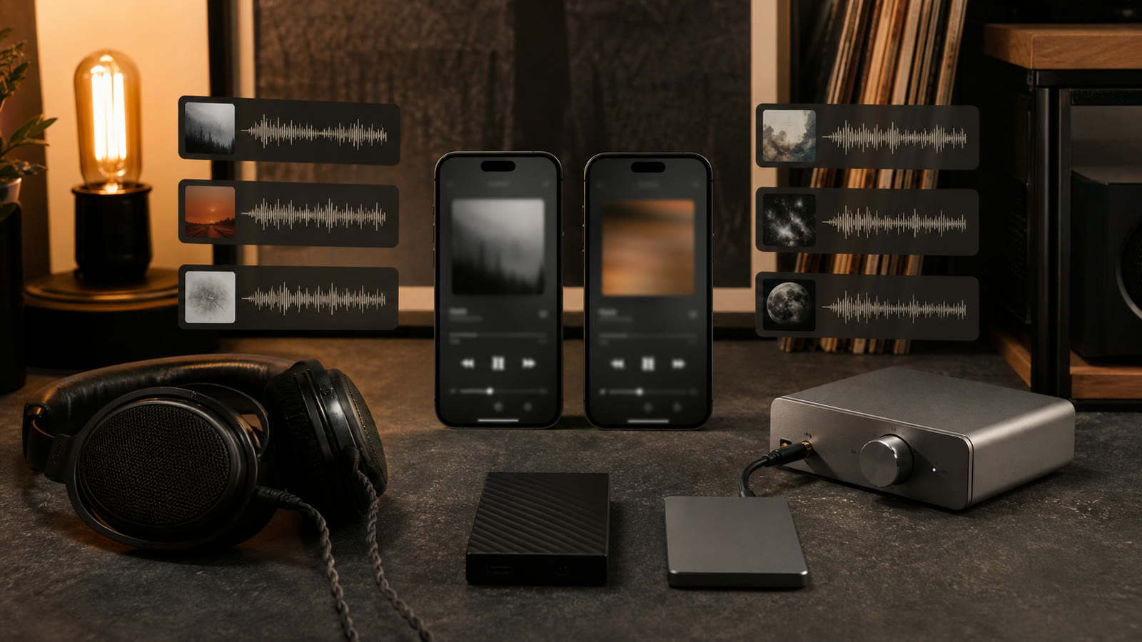 Two lossless music player setups with local storage, cloud storage, DAC, and wired headphones