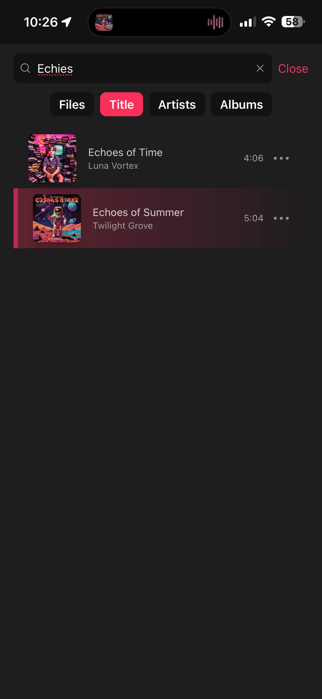 OfflineTunes search screen for local music on iPhone