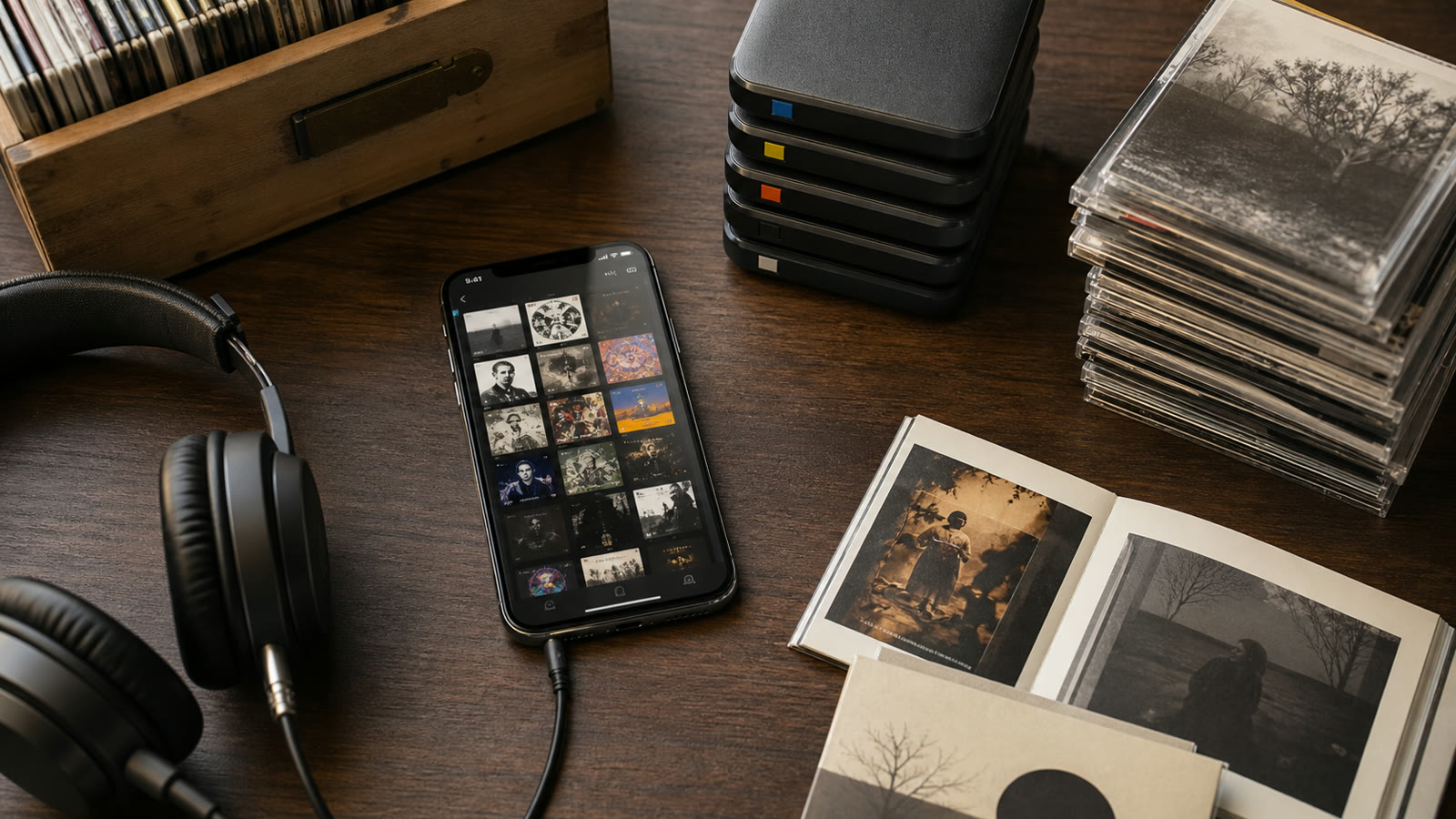 Large iPhone music library represented by a phone, album collection, portable drives, and headphones