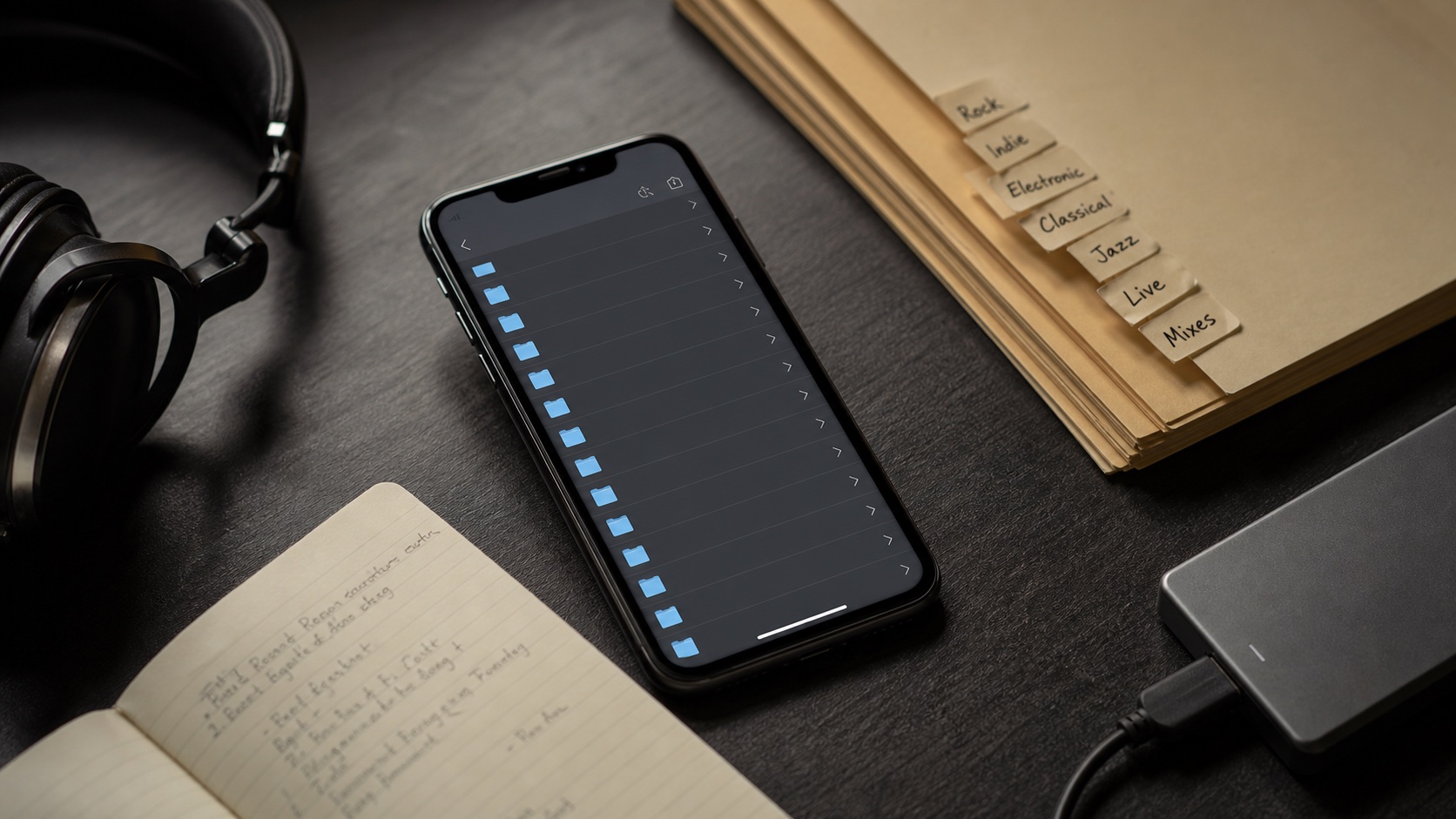 Natural desk photo of iPhone music folder browsing with paper folder tabs and headphones