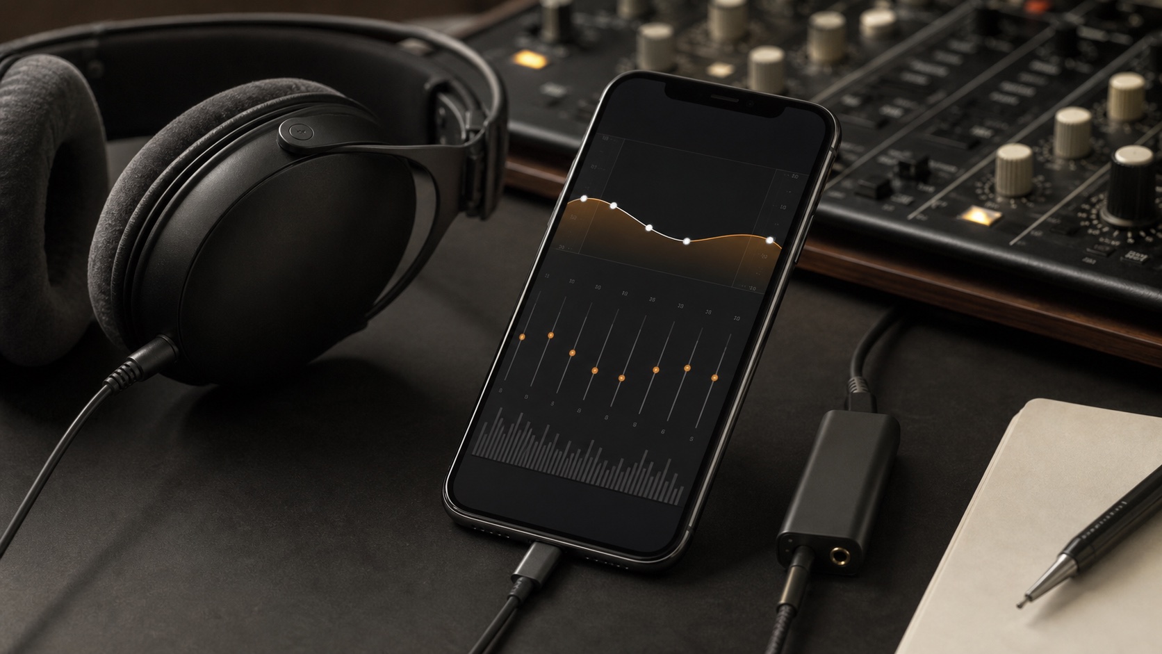 Natural audio desk photo of iPhone equalizer controls with headphones and DAC adapter