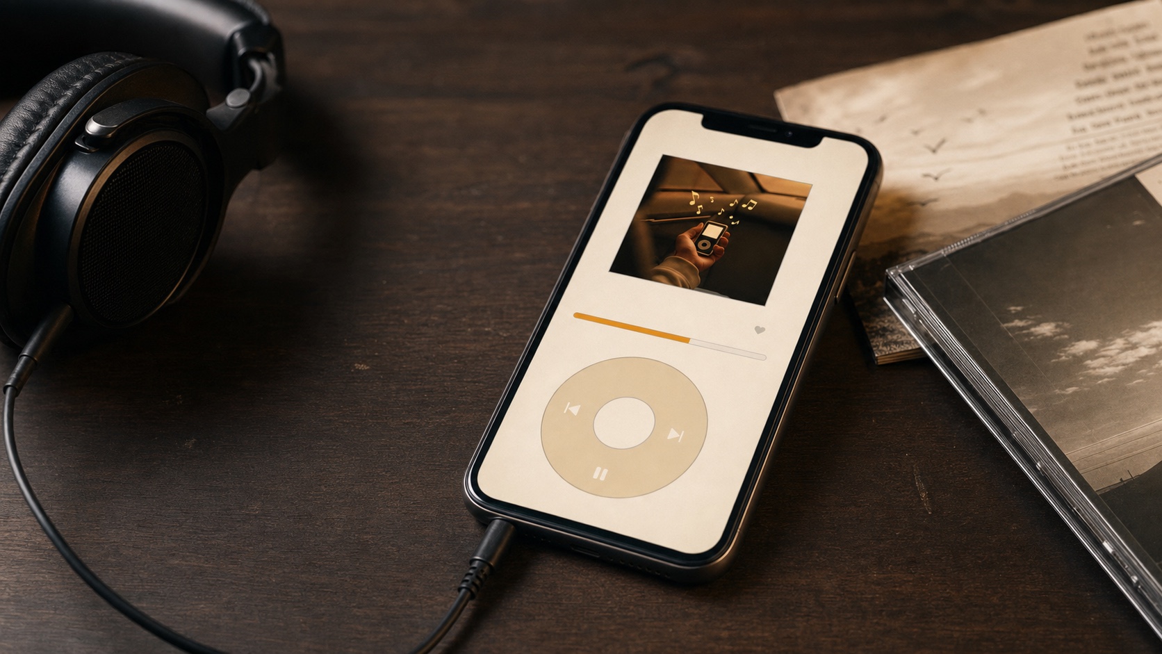 Natural desk photo of Retro iPod Mode on an iPhone with headphones and CD liner notes