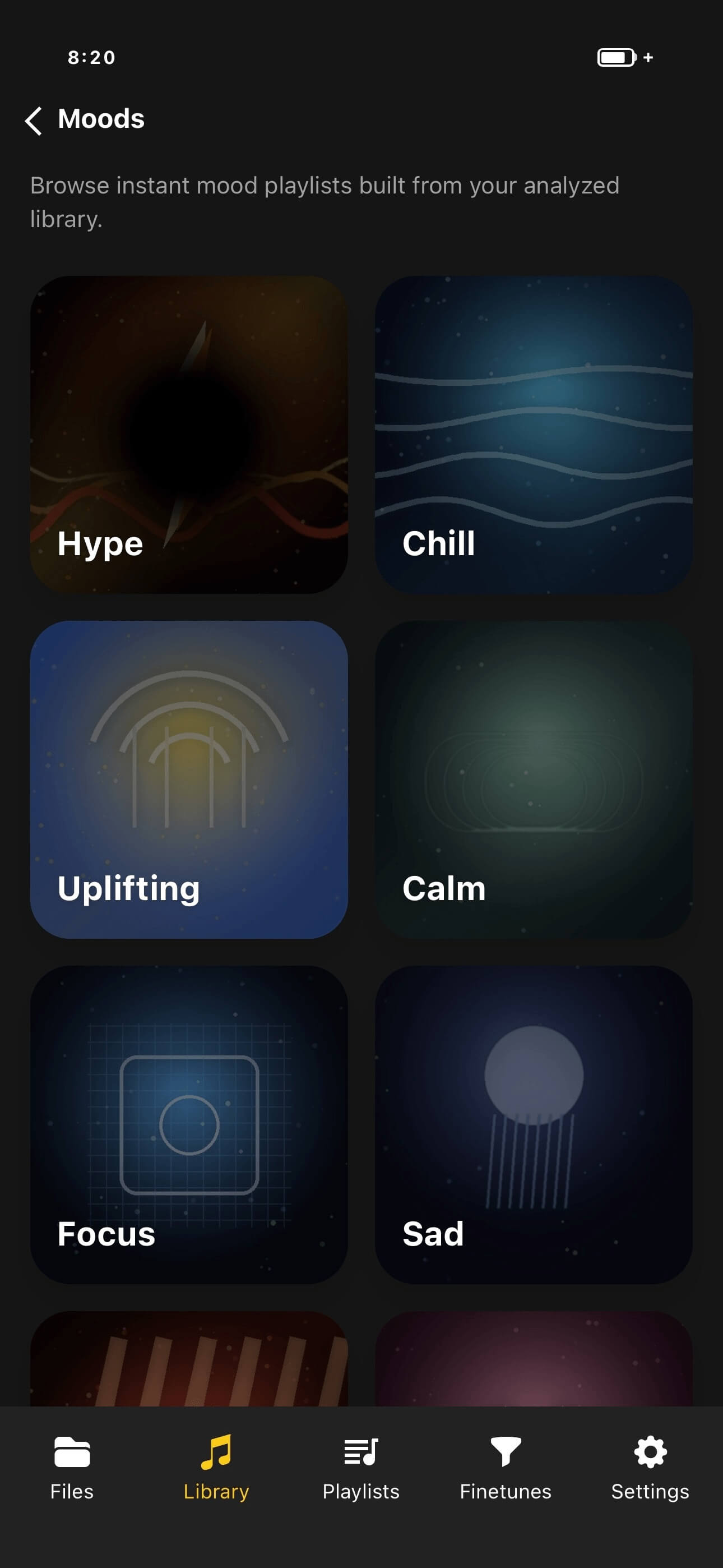 OfflineTunes Moods screen with Hype, Chill, Focus, Sleep, Romantic, Dark, and Cinematic choices