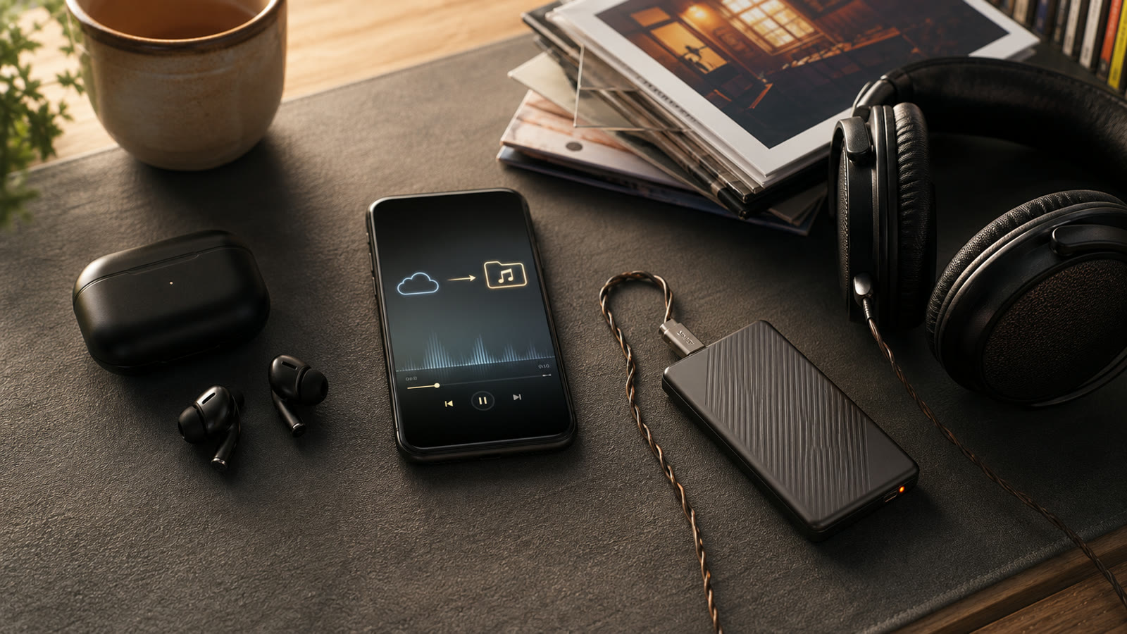 Phone between streaming earbuds and an owned local library with wired headphones and a portable drive
