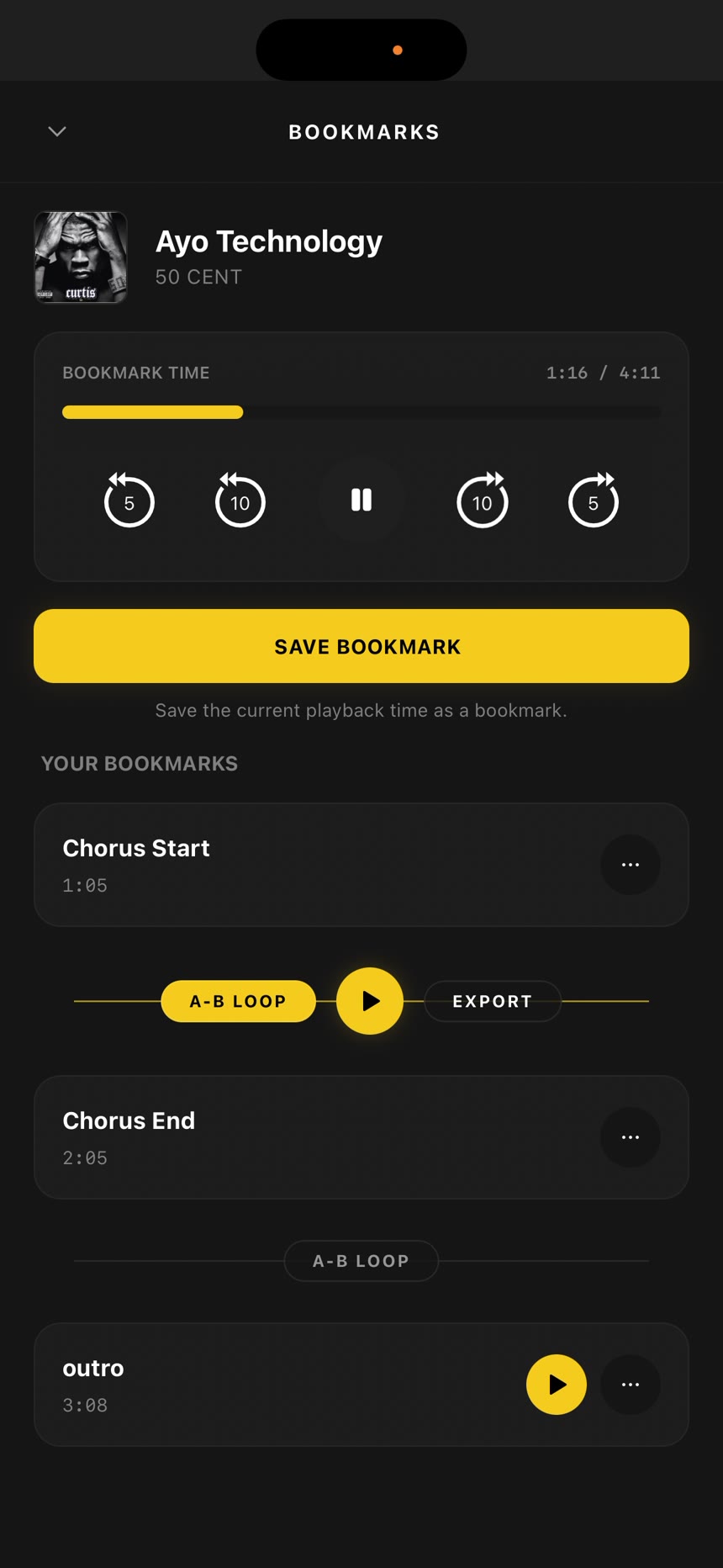 OfflineTunes A-B loop connector between Chorus Start and Chorus End bookmarks