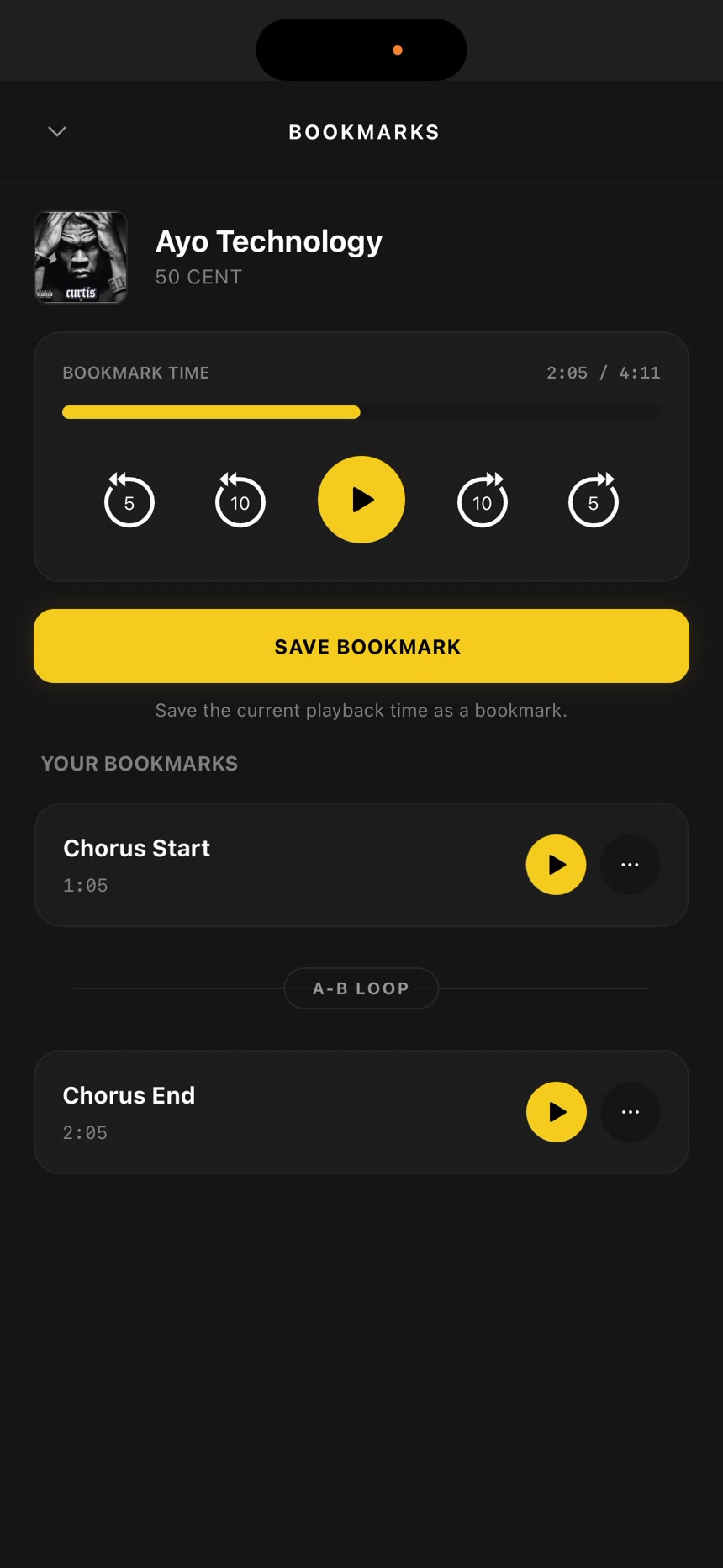 OfflineTunes bookmark list with Chorus Start and Chorus End saved to a track