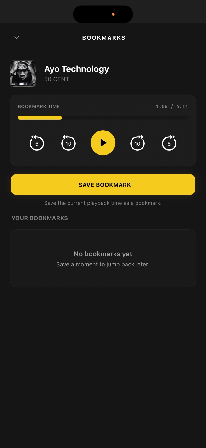 OfflineTunes Bookmarks screen showing playback controls and empty saved bookmark list