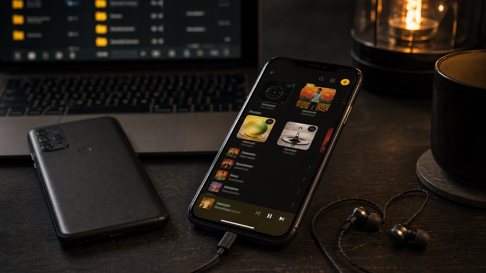 Natural desk photo of an iPhone running a local music library interface as a Musicolet alternative