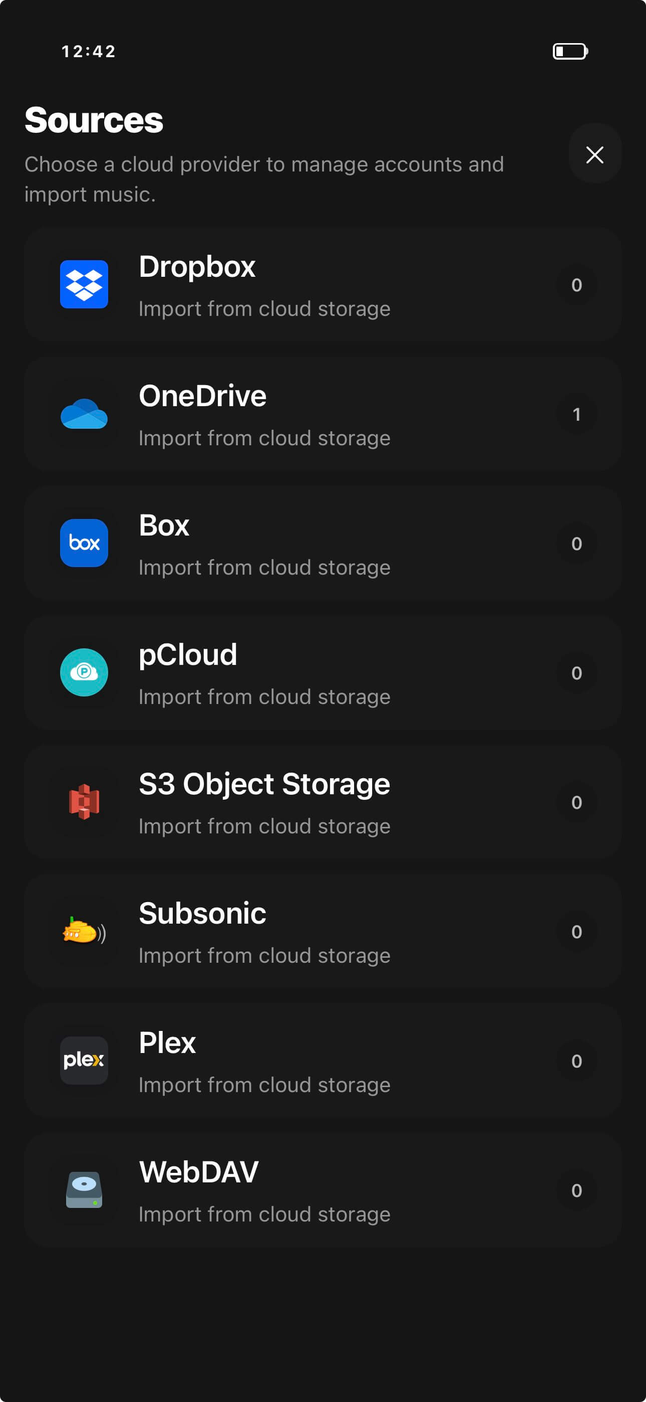 OfflineTunes cloud import screen for bringing music into an offline library
