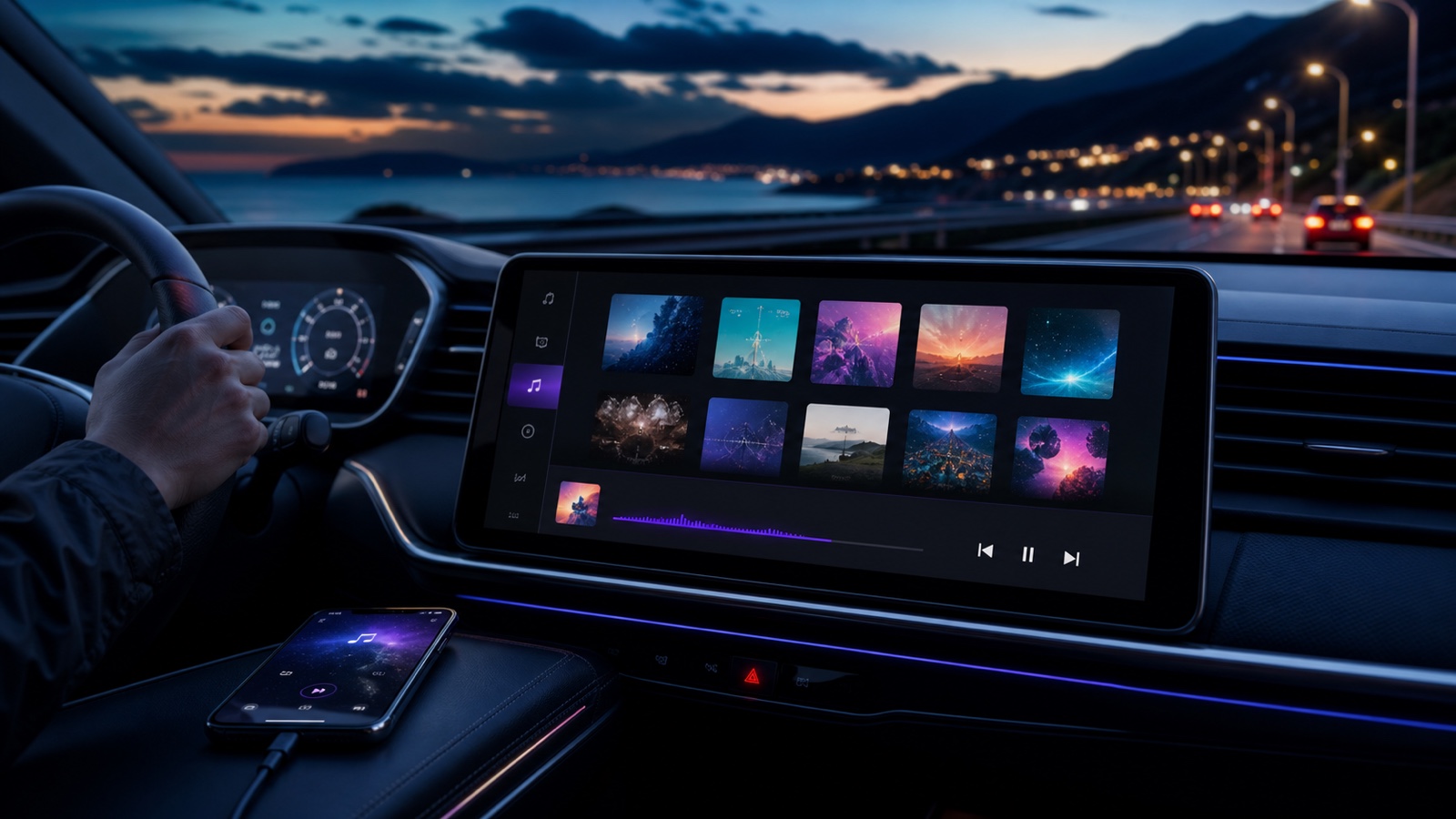 OfflineTunes CarPlay hero showing an offline music library laid out on a car dashboard screen