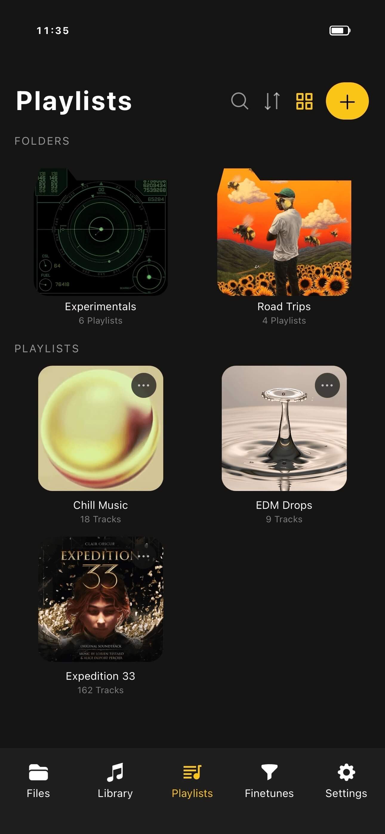 OfflineTunes playlists screen for organizing a large music library
