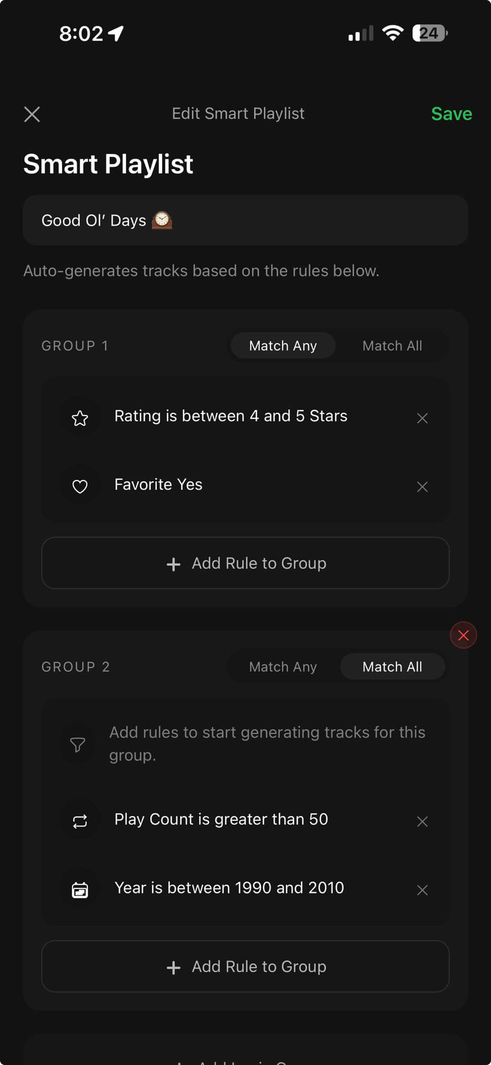 OfflineTunes smart playlist screen for organizing a music library