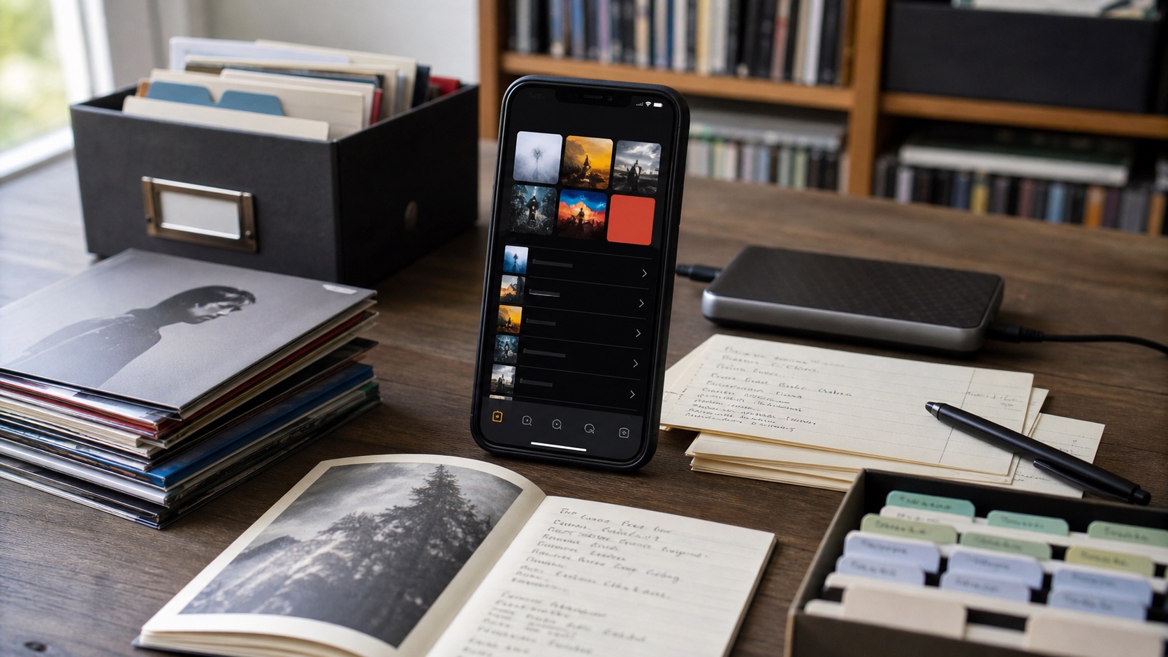 Natural desk photo of an organized iPhone music library with album booklets and storage drive