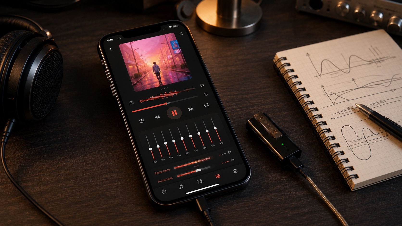 Natural desk photo of an iPhone music player with EQ, headphones, and DAC adapter