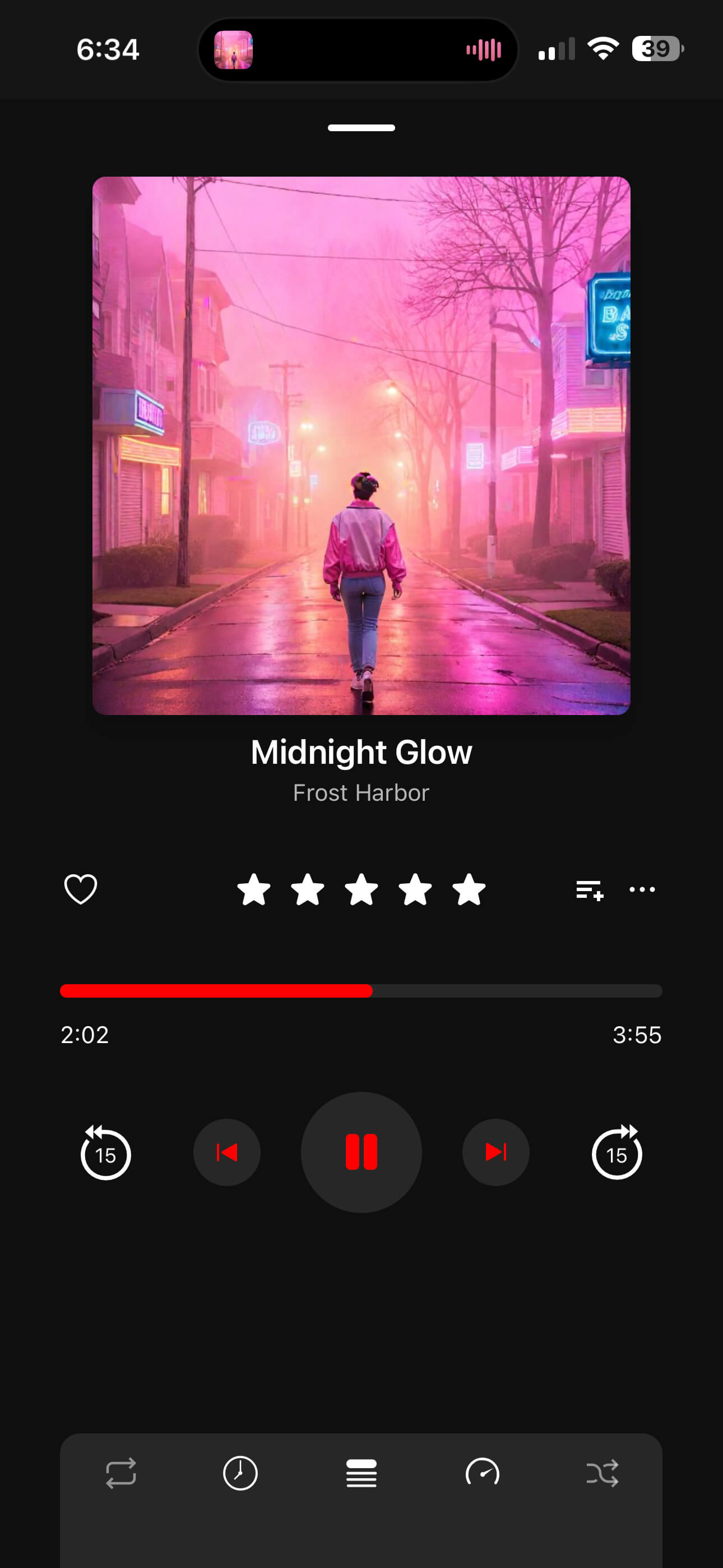 OfflineTunes now-playing screen with album art, ratings, and playback controls