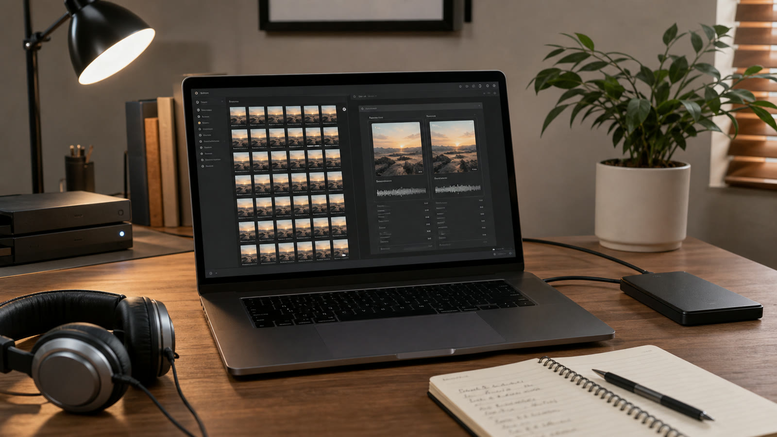 Laptop comparing repeated album files beside a backup drive, notebook, and headphones