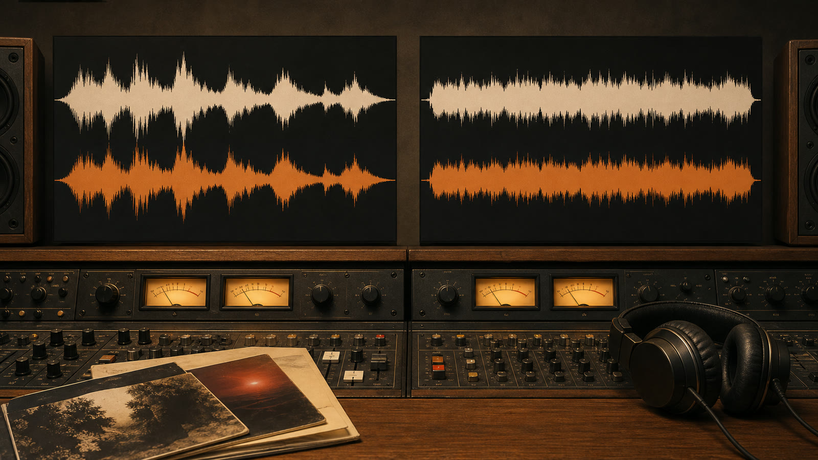 Two audio waveforms aligned to consistent perceived loudness on a real mastering desk