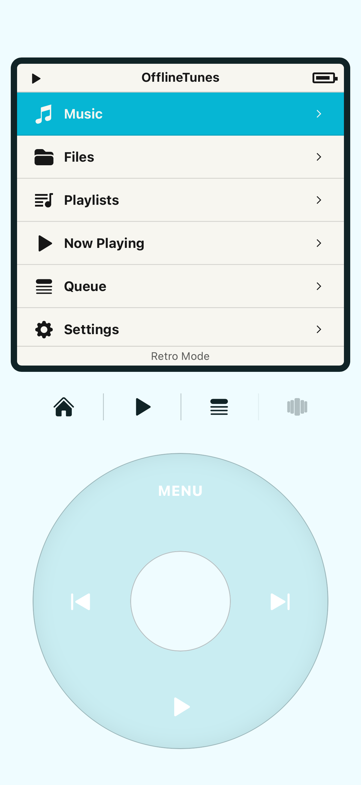 OfflineTunes Retro iPod Mode alternate amber theme on iPhone