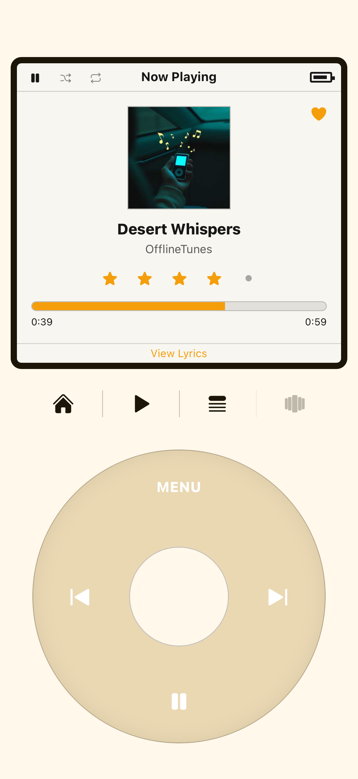 OfflineTunes Retro iPod Mode now-playing screen showing album art and click wheel controls on iPhone
