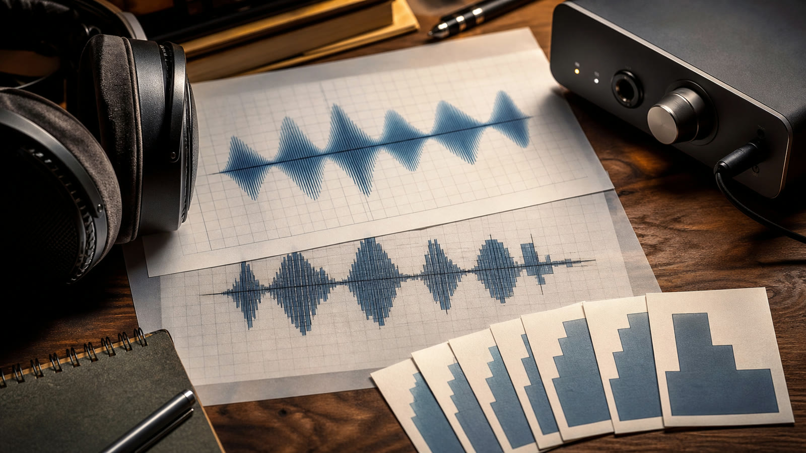 Audio waveforms and resolution layers beside headphones and a compact DAC on a mastering desk
